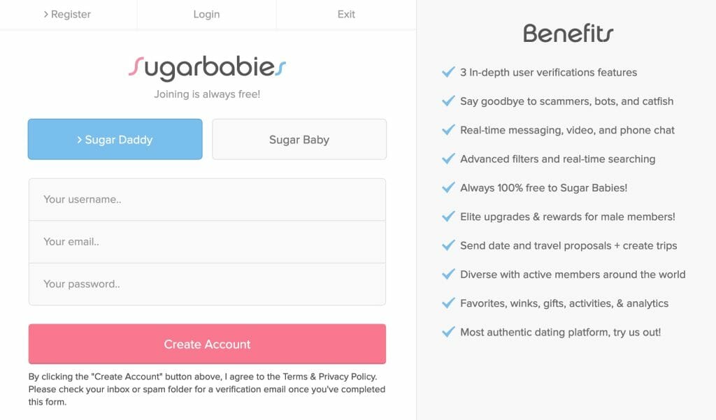 SugarBabies.co create account